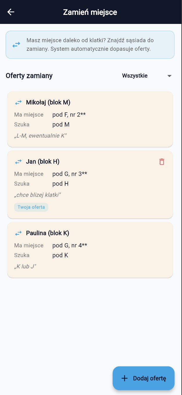 Ekran zamiany miejsc parkingowych w Górczewska Park App — oferty zamiany między sąsiadami